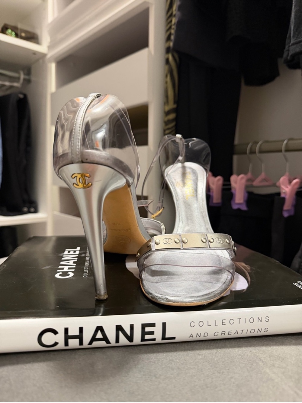 CHANEL Silver Clear Strap High Heel Sandals